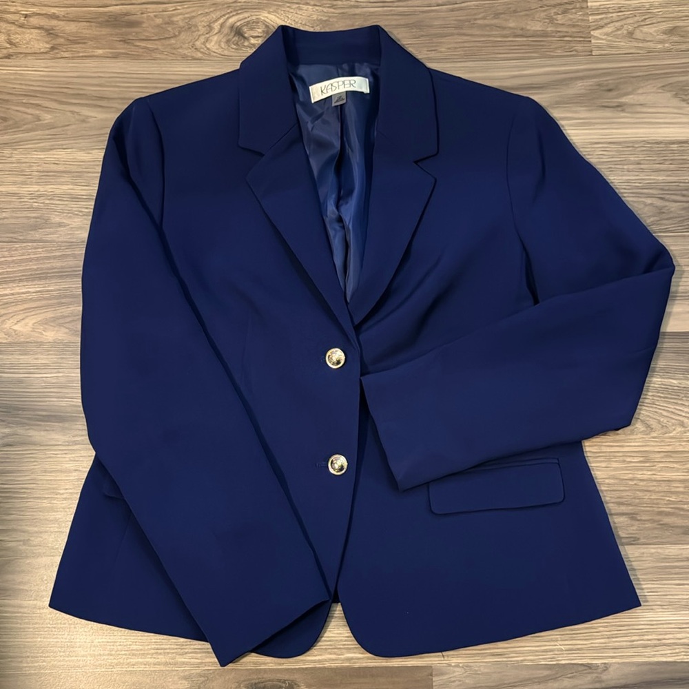 Kasper Navy Notched Collar Goldtone 2 Buttons Lined Tailored Blazer Jacket 12P